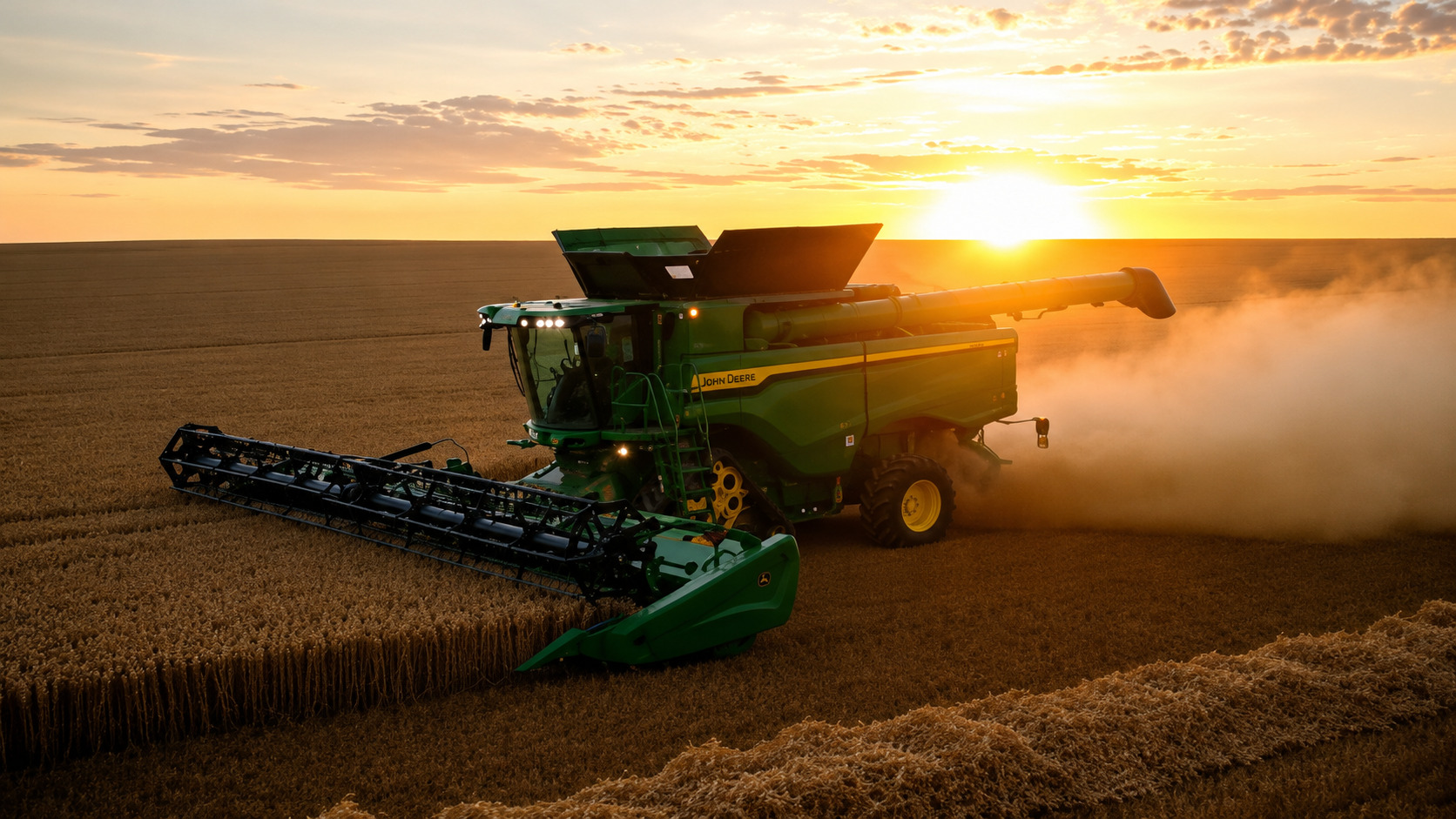 Colheitadeira e trator trabalhando em campo agrícola ao entardecer